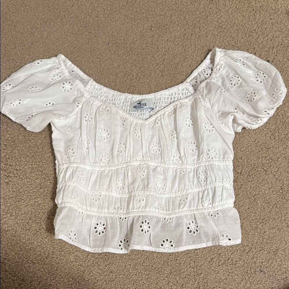 Hollister White Puff Sleeve Smocked Blouse